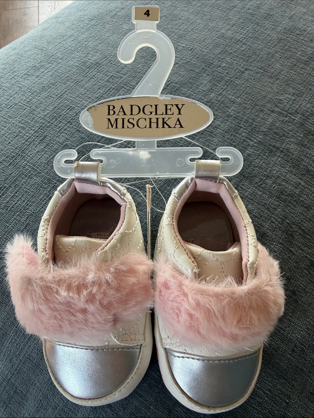 Badgley Mischka Cream and Blush Pink Faux Fur Metallic Girls Slip-On Sneakers